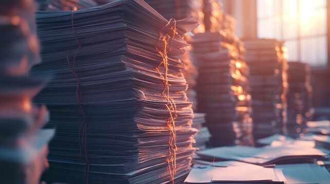 Stacks of paper documents bound neatly with thread, captured in hyperrealistic detail—aged textures, crisp edges, and soft light conveying order, history, and archival care.
