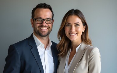 Business partners posing in front of gray background, looking at camera and smiling. High quality