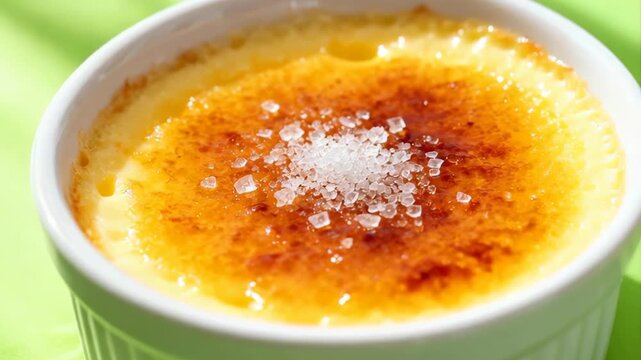 Close up of a freshly baked creme brulee dessert in a white ramekin with a caramelized sugar topping and coarse sugar crystals in bright