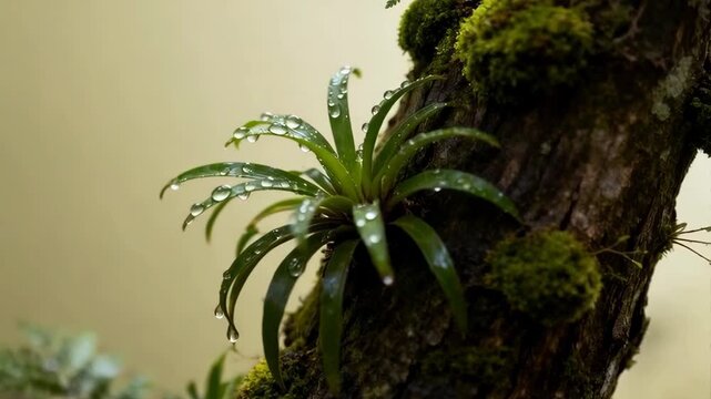 Close up of a green bromeliad plant with water droplets on its leaves growing on a moss covered tree trunk in a forest with soft lighting