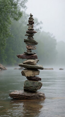 Smooth stones carefully stacked in balance above a misty river, symbolizing harmony, patience, and mindfulness. A hyperrealistic nature scene evoking peace, stability, and spiritual equilibrium.