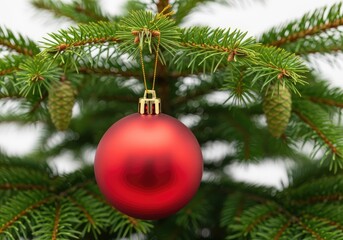 A bright red ornament hangs on a fir tree branch with pine cones, holiday decor
