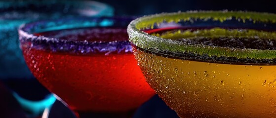 Colorful cocktails in glasses with sugar rim close up