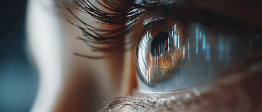Closeup human eye with digital graphs reflection