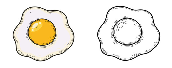 Minimalist cartoon sketch of a simple sunny-side-up fried egg drawing for a cookbook logo or children's coloring book isolated white background © Dzianis