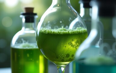 science technology research of green alga biofuel in laboratory, biotechnology industry with alternative natural experiment, biodiesel oil fuel energy from plant to sustainable environment