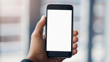 A hand holds a smartphone with a blank screen, set against a soft-focus background, suggesting themes of technology and communication.