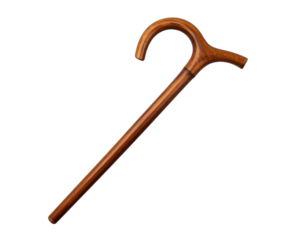Curved Handle Wooden Walking Stick, Angled Top-Down View, isolated