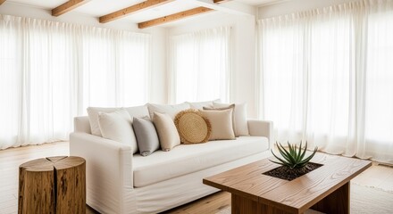 Obraz premium Bright living room with white sofa, wooden beams, and sheer curtains, boho decor