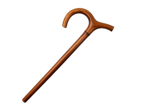 Curved Handle Wooden Walking Stick, Angled Top-Down View, isolated