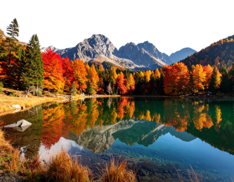 Tranquil Autumn Lake with Mountain Reflections PNG