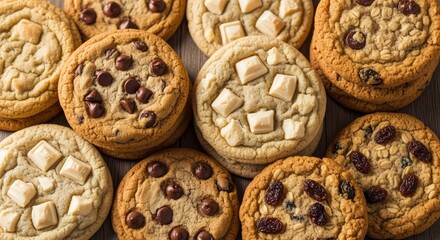 Fototapeta premium Assorted cookies with chocolate chips, white chocolate chunks, and dried fruit ready for baking.
