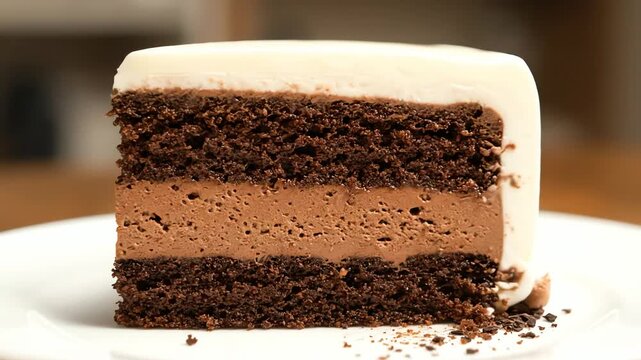 Chocolate cake slice on white plate culinary dessert concept studio shot