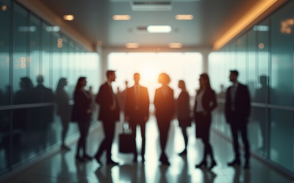 Group shot of business people in modern office hall. Post processed with vintage film filter. High quality