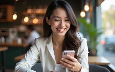 Beautiful asian businesswoman in the cafe, using smartphone and smiling. High quality