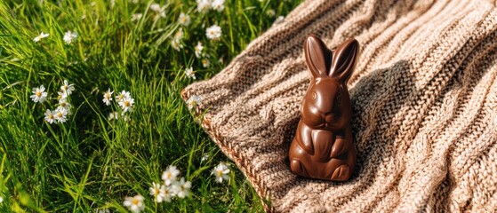 Chocolate bunny on blanket in spring grass