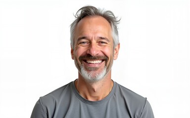 Obraz premium Portrait of happy casual mature man smiling, senior age man with gray hair, Isolated on transparent background, copy space. High quality