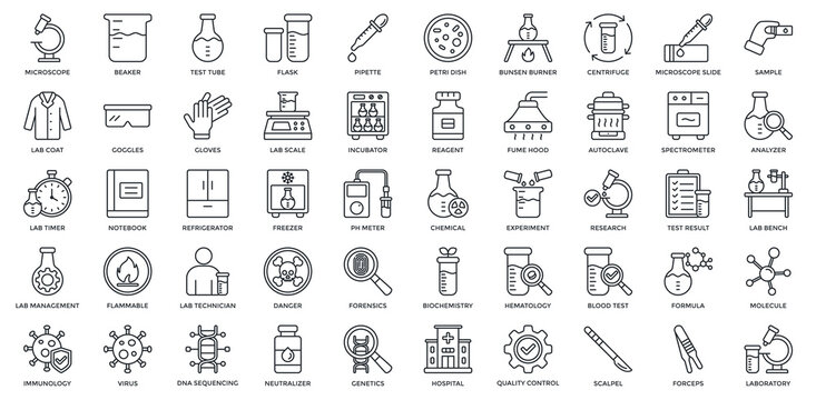 Laboratory icon set. Containing microscope, test tube, flask, pipette, centrifuge, sample, lab coat, goggles, chemical, experiment, research icon. Outline style