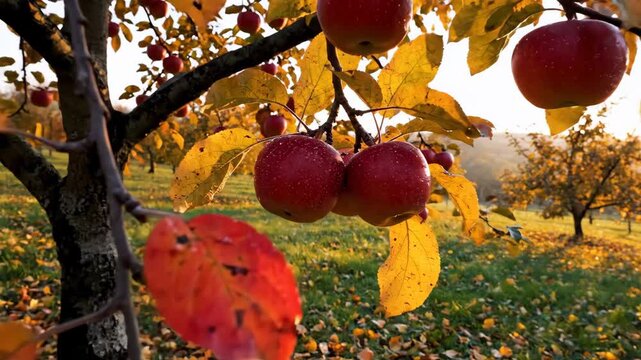 Autumn Apple Tree - This close-up video shows ripe red apples hanging from a tree branch with vibrant yellow and red fall leaves.