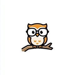 Obraz premium A minimalistic cartoon owl wearing glasses, sitting on a branch, designed as a flat vector logo on a white background