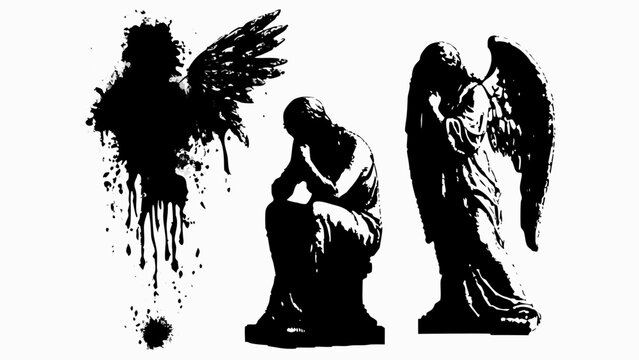 Striking monochrome angels statues evoke somber reflection, ideal for memorial or gothic themes
