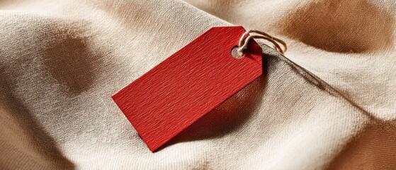 Red paper tag on beige fabric background
