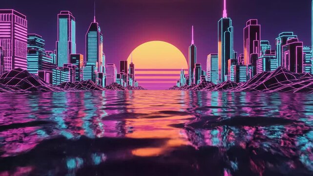 Synthwave Cityscape Sunset Reflection - An 80s-inspired synthwave city skyline is depicted during a sunset, with reflections visible on the water surface.