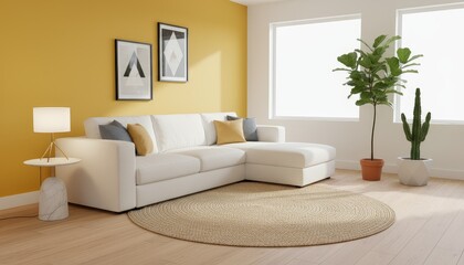 Fototapeta premium Modern living room with sectional couch, plants, and artwork, interior decor