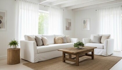 Fototapeta premium Serene living room with white sofa, natural wood coffee table, and light curtains.