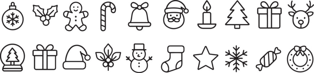 20 Christmas Line Icons Pack | Minimalist Holiday Outline Symbols | Santa, Tree, Gift, Reindeer, Bell, Candy, Snowflake, Festive Vector Set