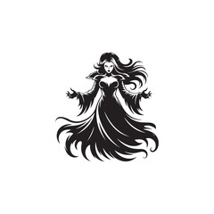 Gothic Lilith Halloween Silhouette Illustration, Black and White Vector.