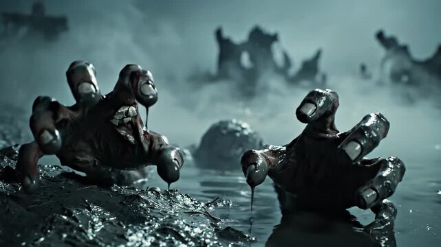 Decaying Zombie Hands Reaching from Misty Surface - Two decaying zombie hands emerge from a misty, swampy surface, creating a chilling and suspenseful scene.