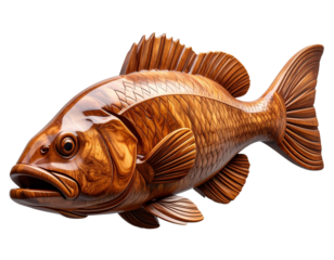 Realistic Wooden Seabass Sculpture, Side View, isolated on transparent background