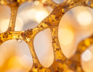 Honey comb structure: Close-up shot showcases a honey comb structure with intricate details, highlighting the natural beauty and complexity of its design. The cells, glistening with golden hues.