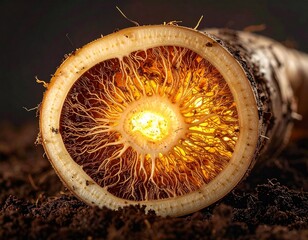Unveiling the Root's Core: A close-up view of a cross-section of a root, revealing its intricate inner workings. showcasing the beauty and complexity of nature's design.