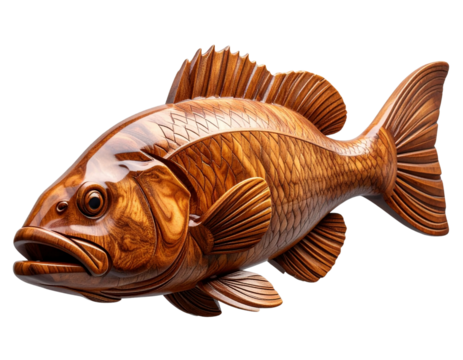 Realistic Wooden Seabass Sculpture, Side View, isolated on transparent background