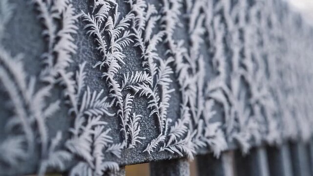 Frost patterns on metal fence captured in crisp winter morning transition
