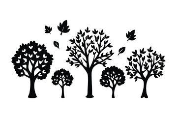 Obraz premium Silhouette of Trees: The silhouettes of various trees and falling leaves stand gracefully in this image, exuding a sense of calmness.