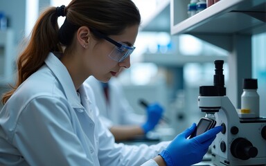 Technician calibrating medical devices in a lab biotechnology. High quality