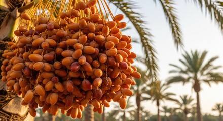 Ripe dates hanging from palm trees in warm sunlight, fresh fruit harvest season