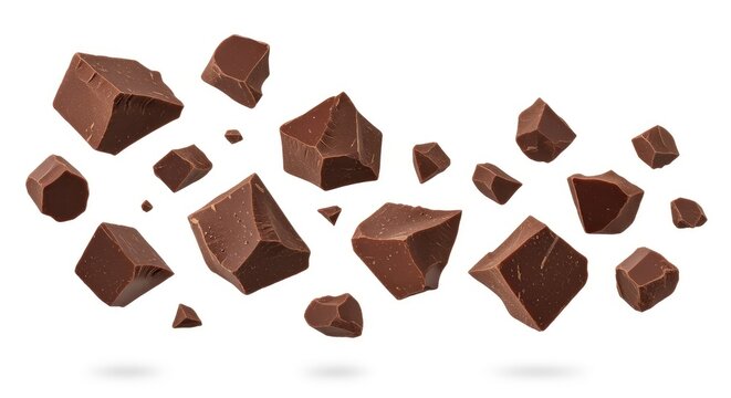Scattered dark chocolate chunks floating in mid-air, sweet treat for baking or snacking