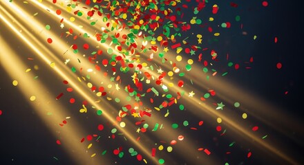 Gold rays illuminate falling confetti party circles stars rectangles in red green yellow celebration