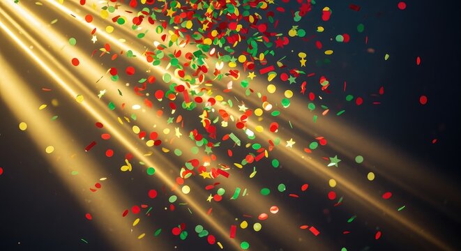 Gold rays illuminate falling confetti party circles stars rectangles in red green yellow celebration - Powered by Adobe