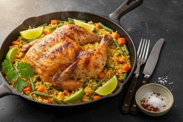 Savory roasted chicken with seasoned rice and vegetables served in a cast iron skillet