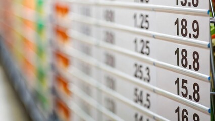 Close-up of a display board showing numerical values and labels, likely related to pricing or measurements in a retail or industrial context.