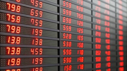Display board showing fluctuating stock prices in red and black, typical in trading environments.