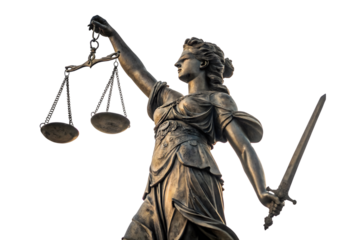 Lady Justice Bronze Statue Scales of Justice Law Concept on Transparent Background