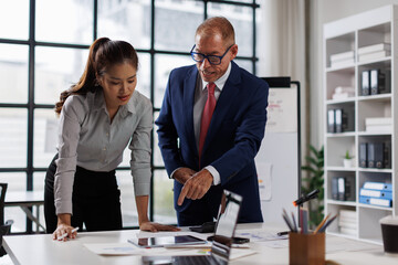 Conversation, planning and business people in office, finance and coworking to review budget. Employees, staff and accounting firm with cooperation, coaching and mentor with feedback and teamwork

