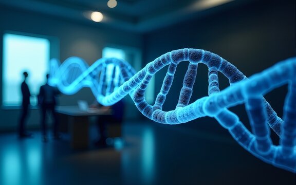 DNA hologram on a modern boardroom background, biotechnology and genetic concept. Multiexposure. High quality