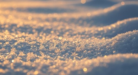 Golden sunlight on frozen snow crystals close up